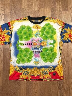 Vintage 90s Versace Jeans Couture Miami Baroque All Over Print T Shirt Mens XL